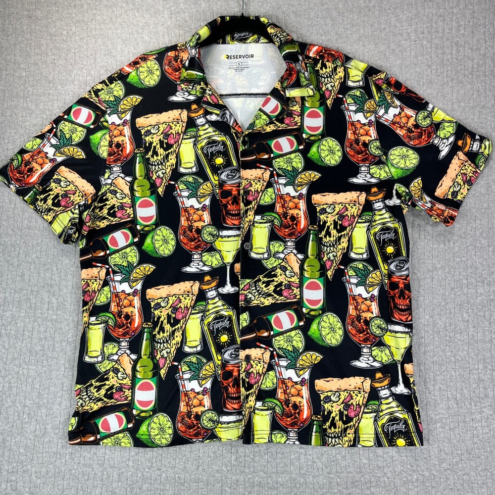 RESERVOIR loop collar Shirt psychedelic acid Men S Pizza Tequila Drinks Hawaiian
